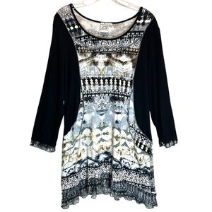 Parsley & Sage Black, Gray, White Mixed Print Long Line Tunic - Extra Large